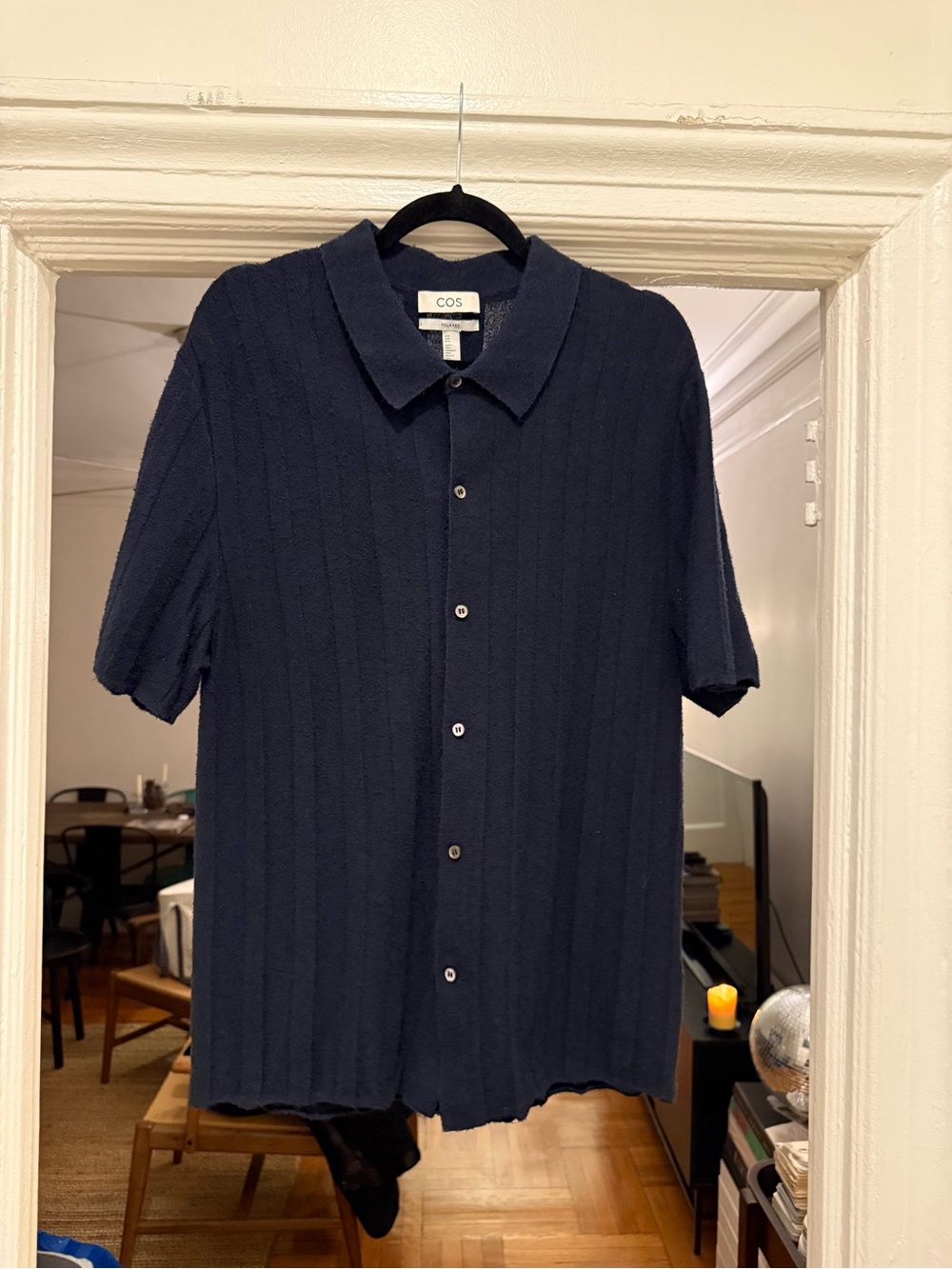 COS Ribbed Short-Sleeve Button-Up Shirt in Navy